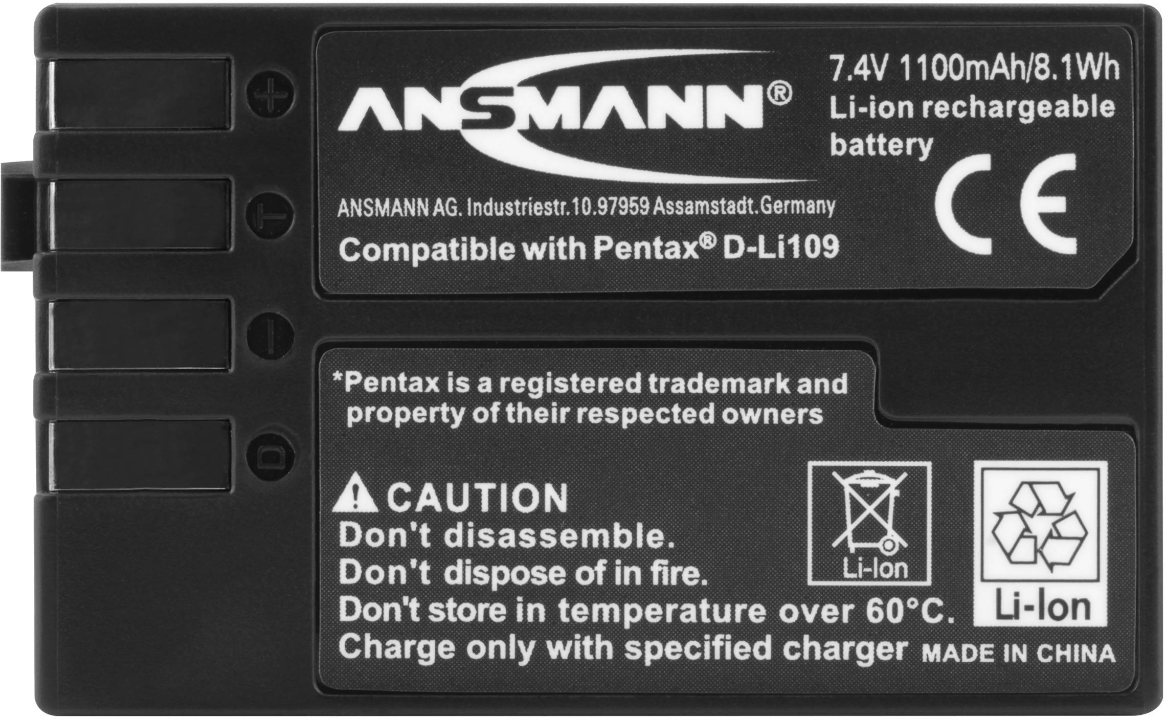 Akku mit Aufschrift 'ANSMANN, kompatibel mit Pentax D-Li109, 7.4V, 1100mAh, 8.1Wh, Li-Ion, nicht zerlegen, nicht über 60°C lagern'.