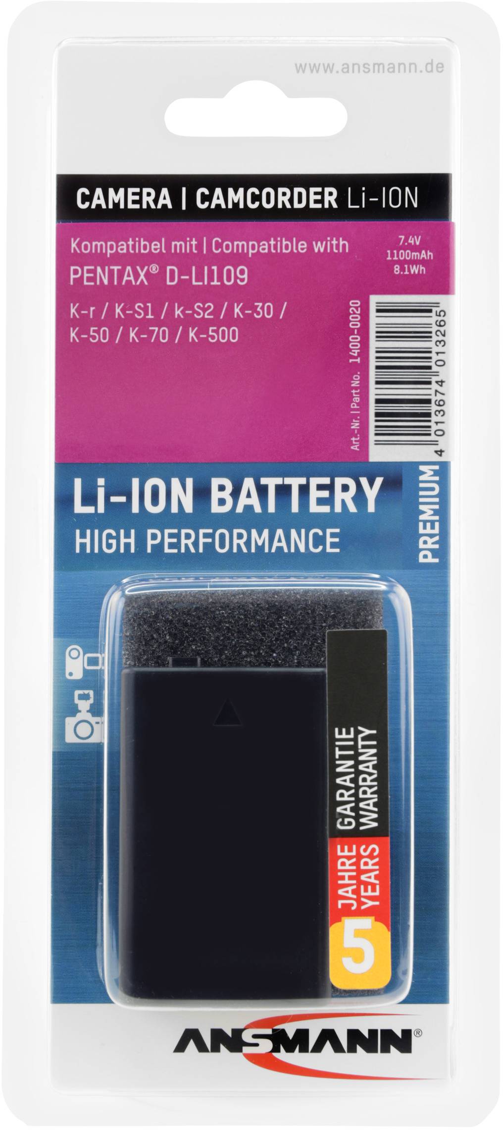 Die Verpackung einer Li-Ion-Batterie, kompatibel mit Pentax-Kameras. Hervorgehoben: hohe Leistung, Garantie 5 Jahre.