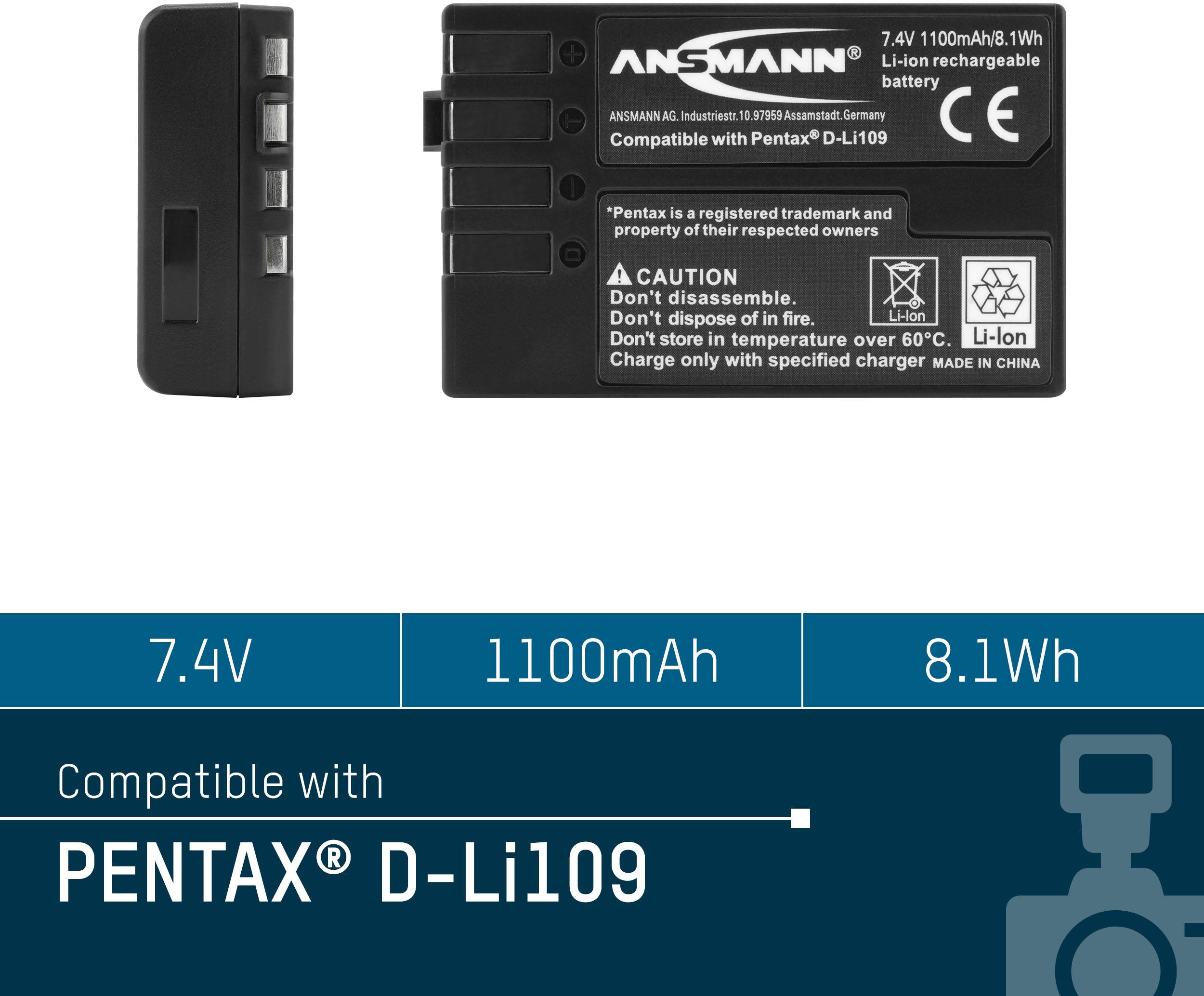 Eine schwarze, wiederaufladbare Lithium-Ionen-Batterie von Ansmann mit Spezifikationen: 7,4V, 1100mAh, 8,1Wh. Kompatibel mit Pentax D-Li109.