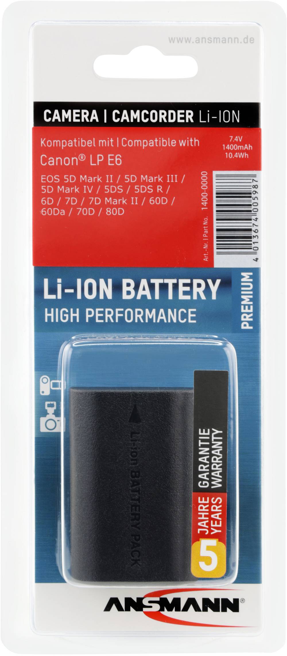 Verpackung einer Ansmann Li-Ion-Kamera-Batterie, kompatibel mit Canon LP E6 Modellen, 7,4V, 1800mAh, 5 Jahre Garantie.
