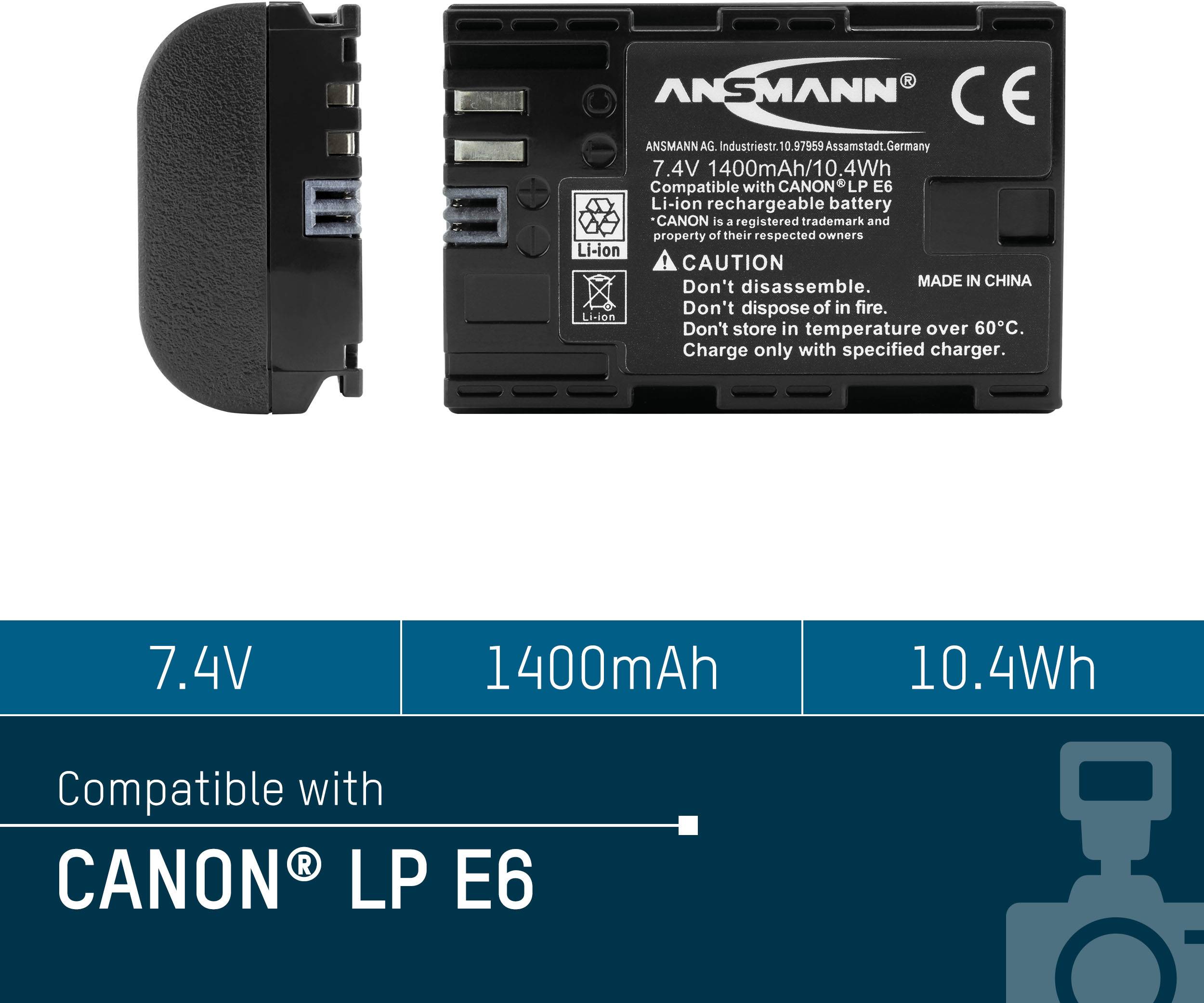 'Ansmann Akku 7.4V, 1400mAh, 10.4Wh. Kompatibel mit Canon LP E6. Hinweise: Nicht öffnen, entsorgen im Feuer vermeiden.'