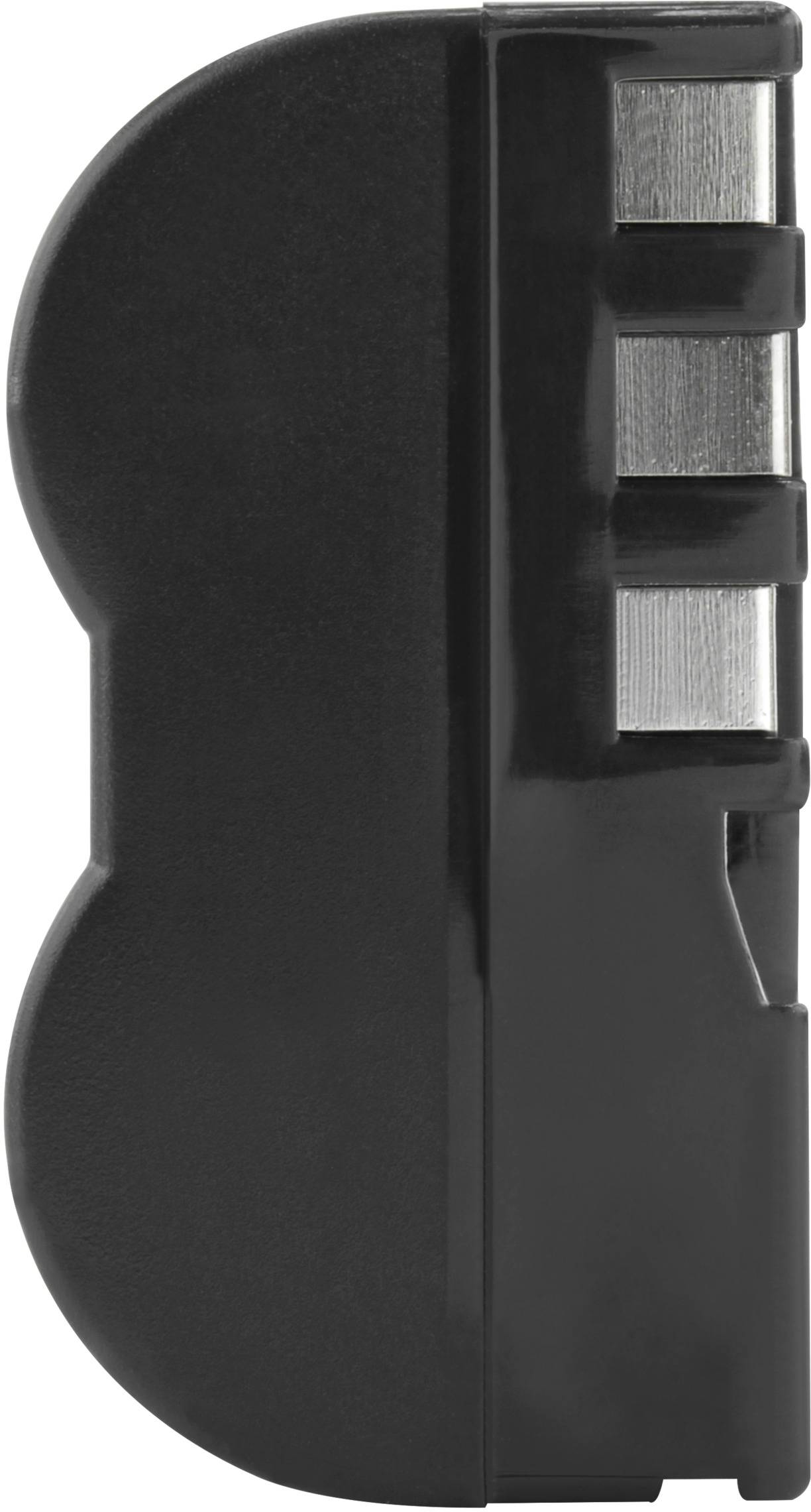 Schwarz-grauer Messerschärfer mit ergonomischem Design, seitliche Ansicht; drei Schärfeschlitze sichtbar.