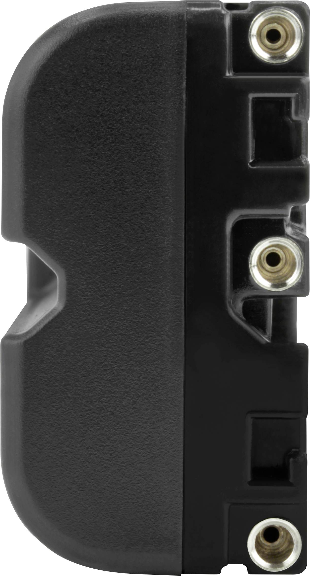 Ein schwarzes elektronisches Gerät mit drei goldfarbenen Anschlussbuchsen auf der rechten Seite, vertikal angeordnet.