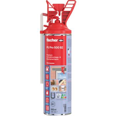 'Fischer PU Pro 500 B2' Schaumflasche mit rotem Applikator, zeigt Anwendungen: Bau, Isolierung. Enthält Symbole für Sicherheitshinweise.