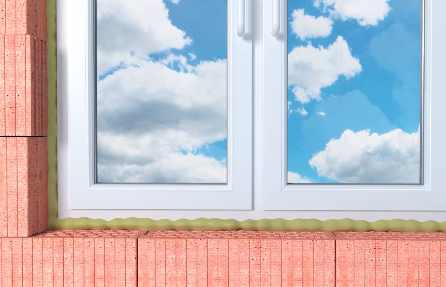 Doppelfenster mit weißem Rahmen, das einen blauen Himmel mit Wolken über einer rosa Backsteinmauer widerspiegelt