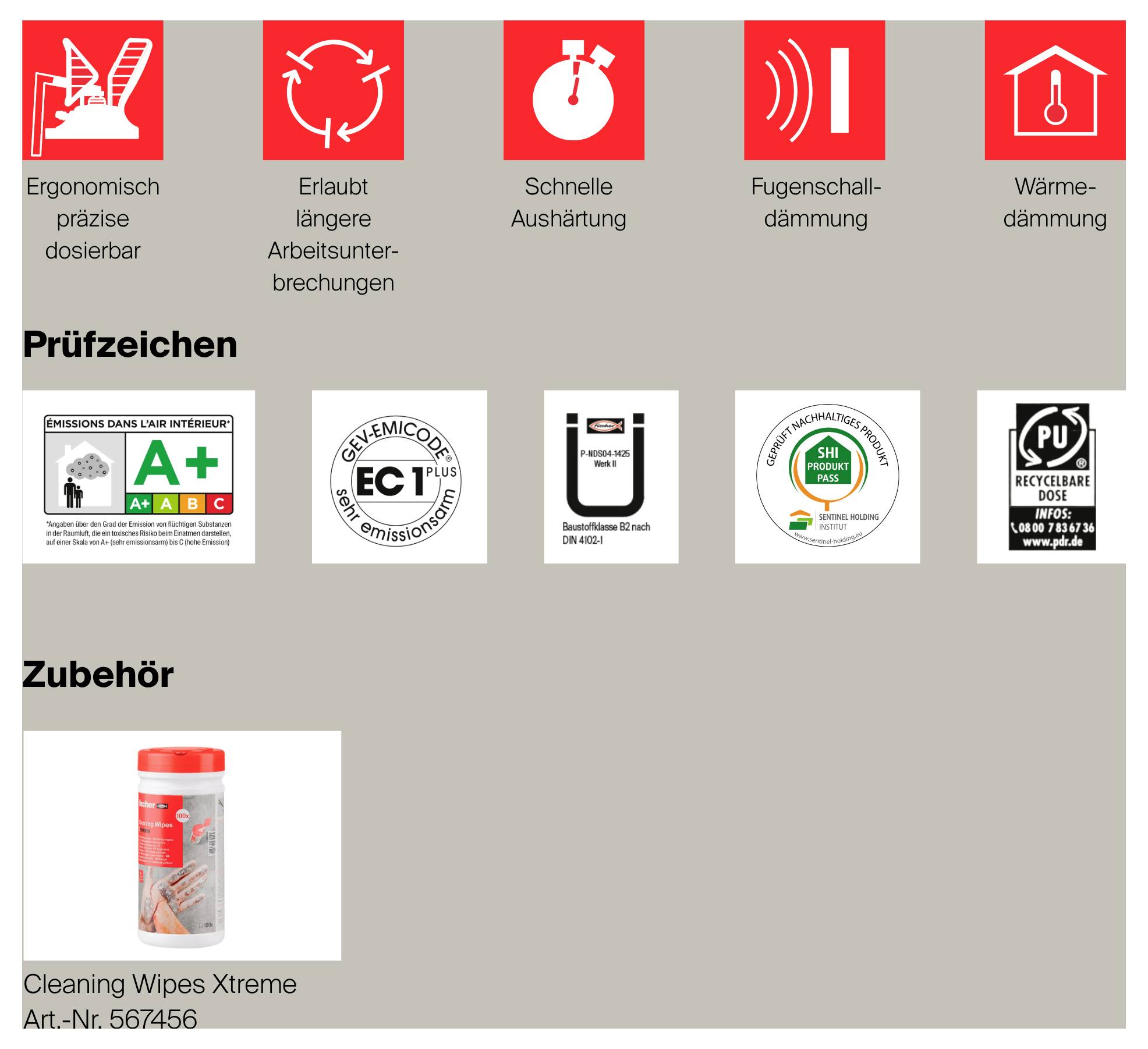 Infografik mit Produktvorteilen: ergonomisch präzise dosierbar, lange Arbeitsunterbrechungen, schnelle Aushärtung, Fugenschalldämmung und Wärmedämmung; darunter Prüfzzeichen und Zubehör.