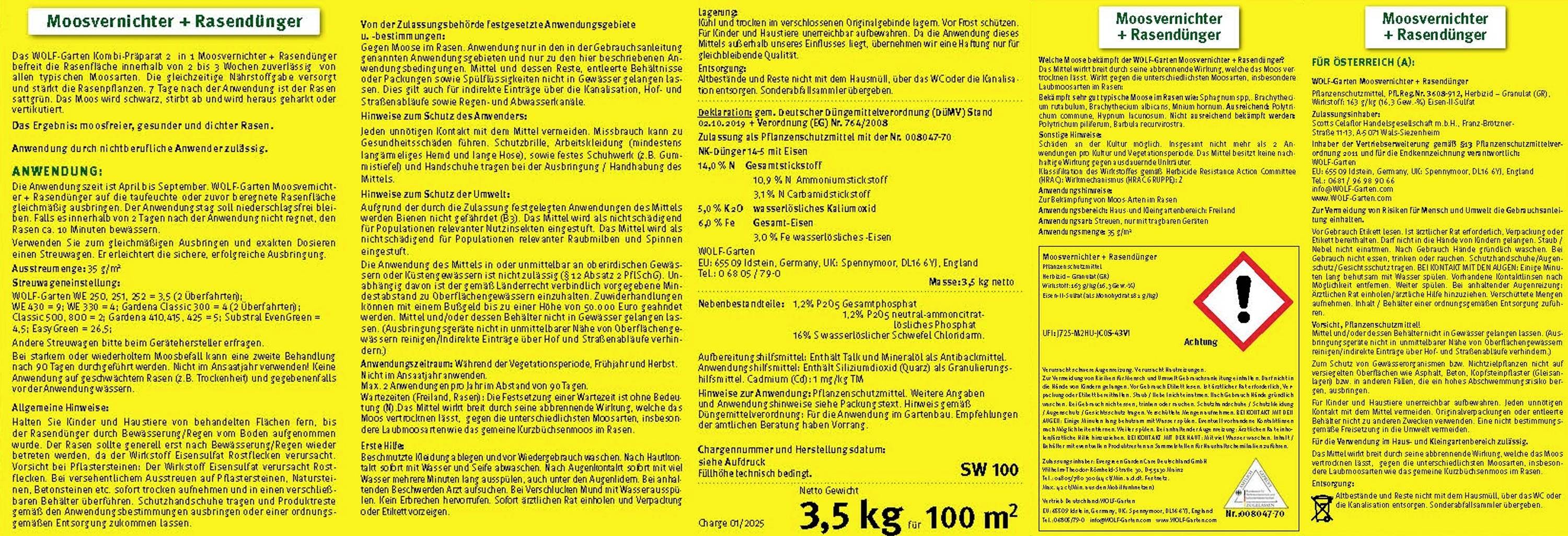 Verpackungsetikett eines Moosvernichters und Rasendüngers. Enthält Anwendungshinweise, Lagerungsempfehlungen und Sicherheitswarnungen.
