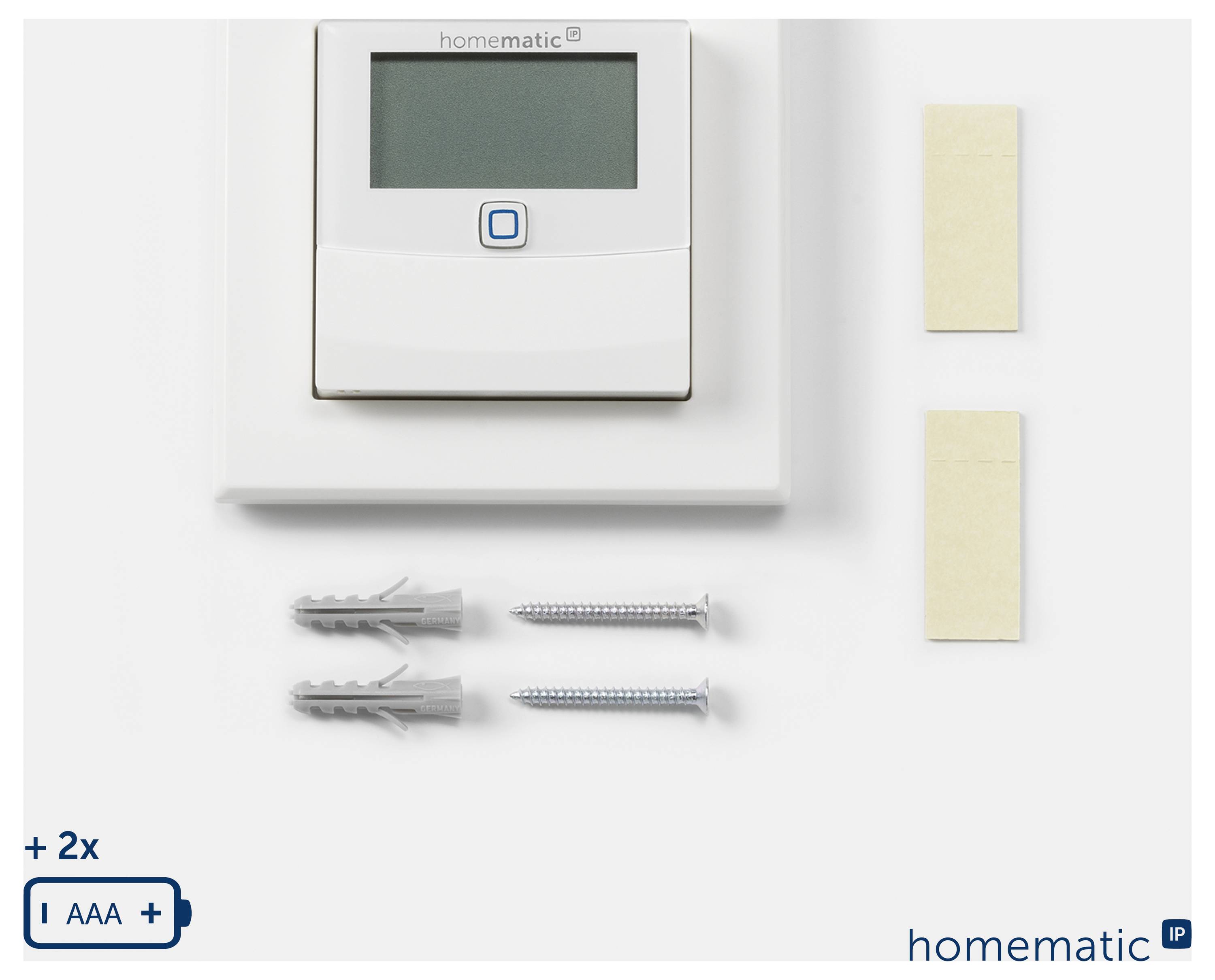 Homematic Wandthermostat/Bedienfeld mit Montagezubehör, zwei Haftpads und AAA-Batteriesymbol, das zwei erforderliche Batterien anzeigt.