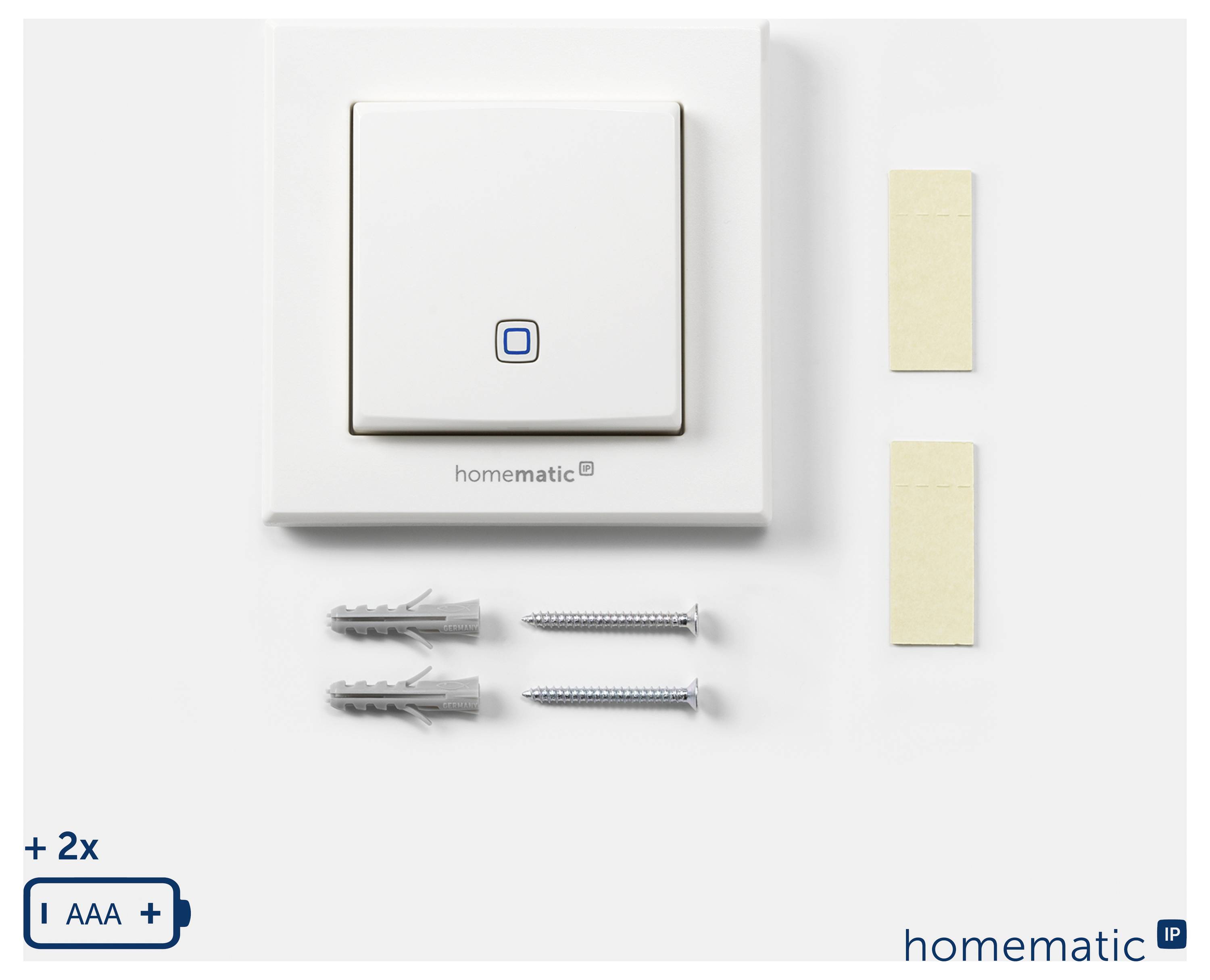 Homematic an der Wand montierter intelligenter Schalter, zentriert über zwei Ankern, Schrauben und Klebestreifen; AA-Batteriesymbol unten links.
