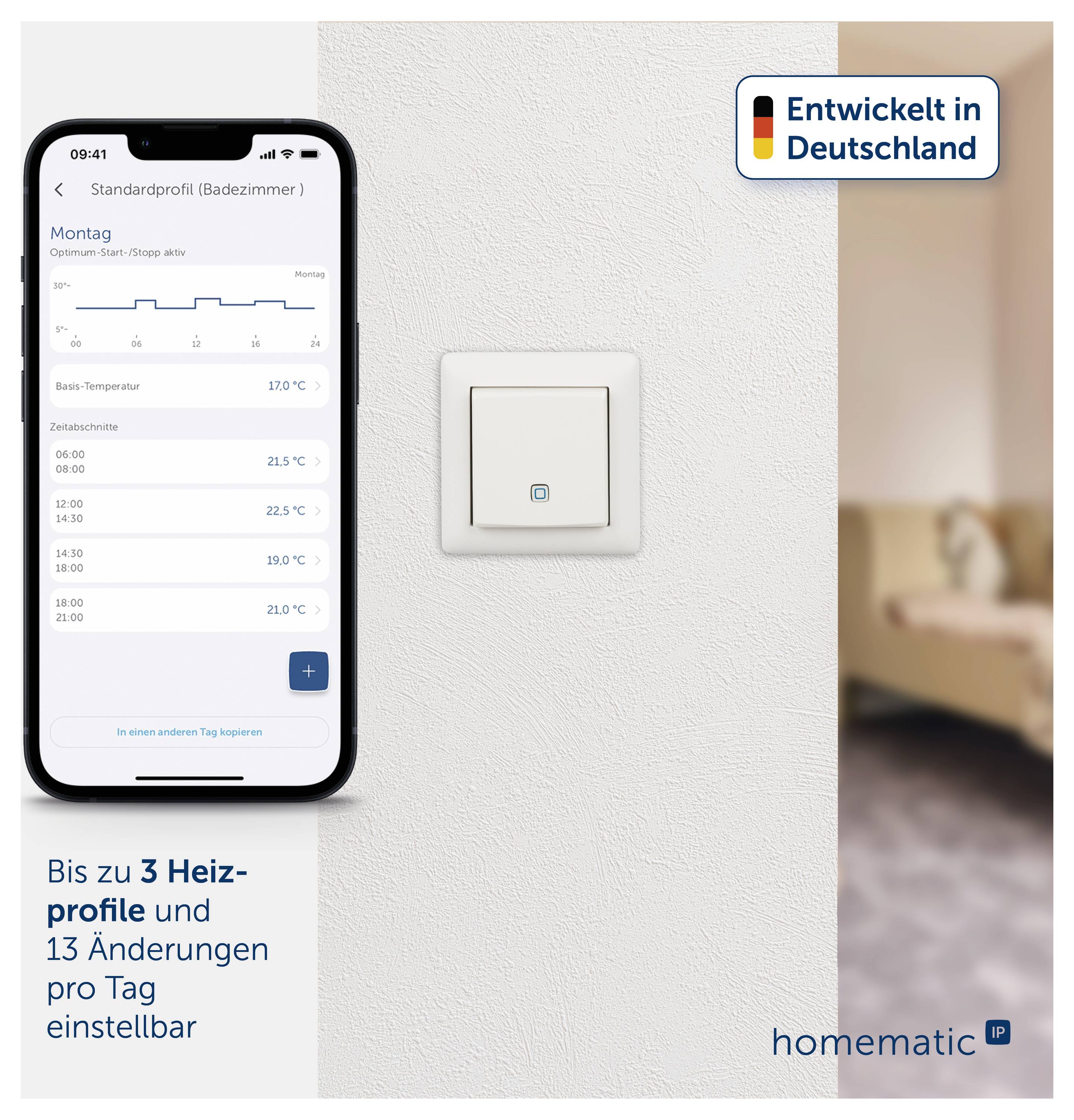 Werbung für Homematic IP: Smartphone zeigt Heizprofil-Steuerung an einem Wandschalter; Text verspricht bis zu 3 Heizprofile und 13 Änderungen pro Tag, 'Entwickelt in Deutschland'.