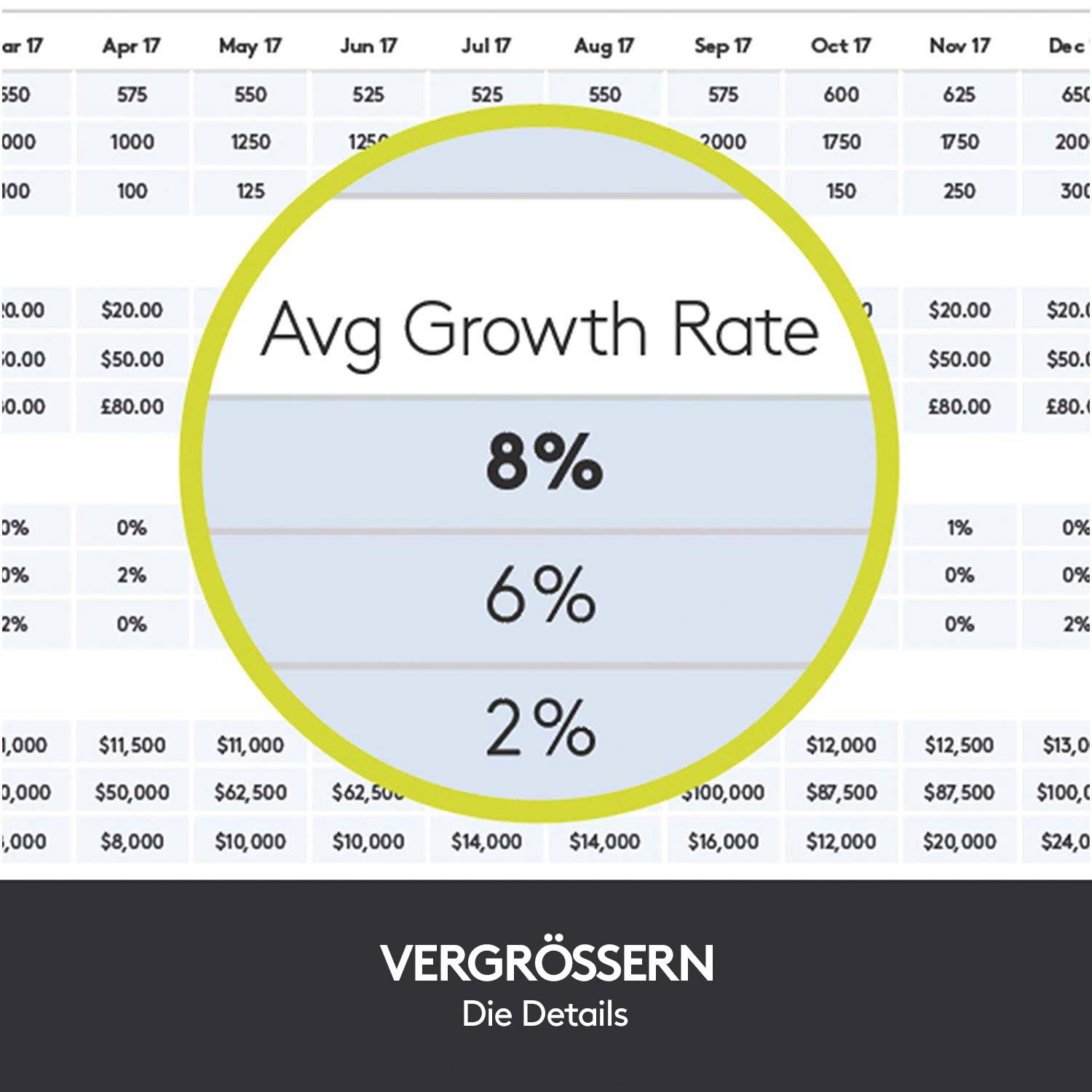 'Tabelle mit monatlichen Einnahmenwerten von Januar bis Dezember. Hervorgehobene durchschnittliche Wachstumsraten: 8%, 6%, 2%.'