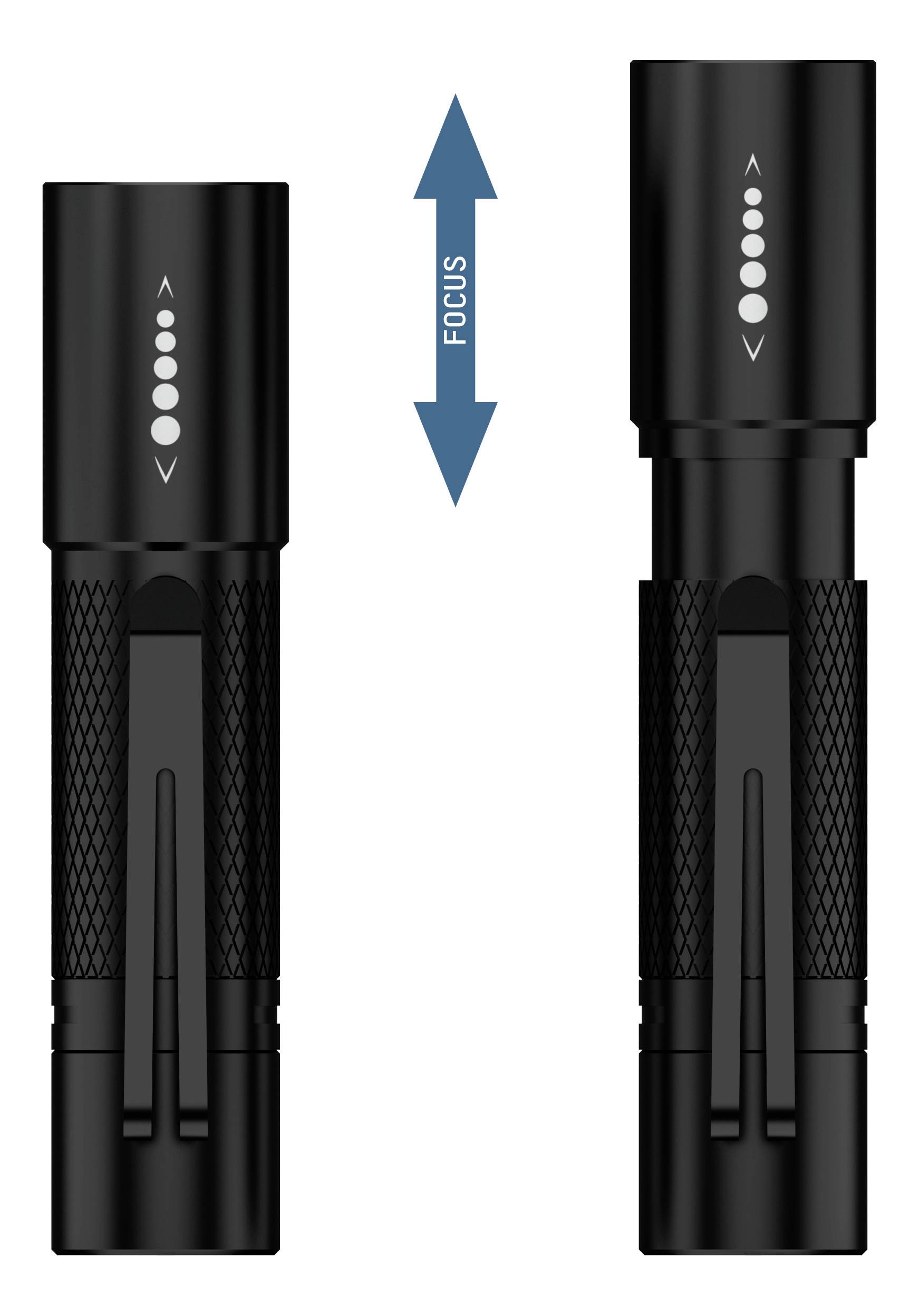 Zwei schwarze Taschenlampen nebeneinander mit Fokus-Symbol in der Mitte. Pfeil zeigt, dass Fokus durch Verschieben geändert wird.