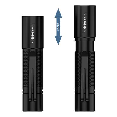 Zwei schwarze Taschenlampen nebeneinander mit Fokus-Symbol in der Mitte. Pfeil zeigt, dass Fokus durch Verschieben geändert wird.