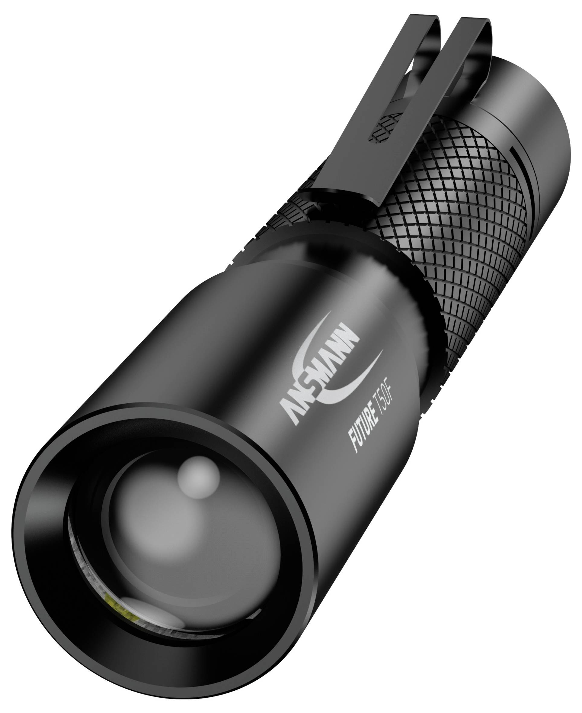 Schwarze Taschenlampe mit gummiertem Griff und breitem Lichtkopf. Markiert mit 'Ansmann Future T350F'.