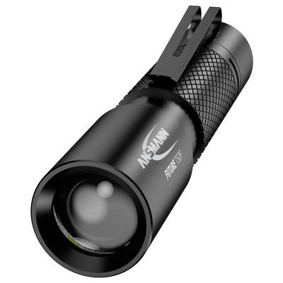Schwarze Taschenlampe mit gummiertem Griff und breitem Lichtkopf. Markiert mit 'Ansmann Future T350F'.