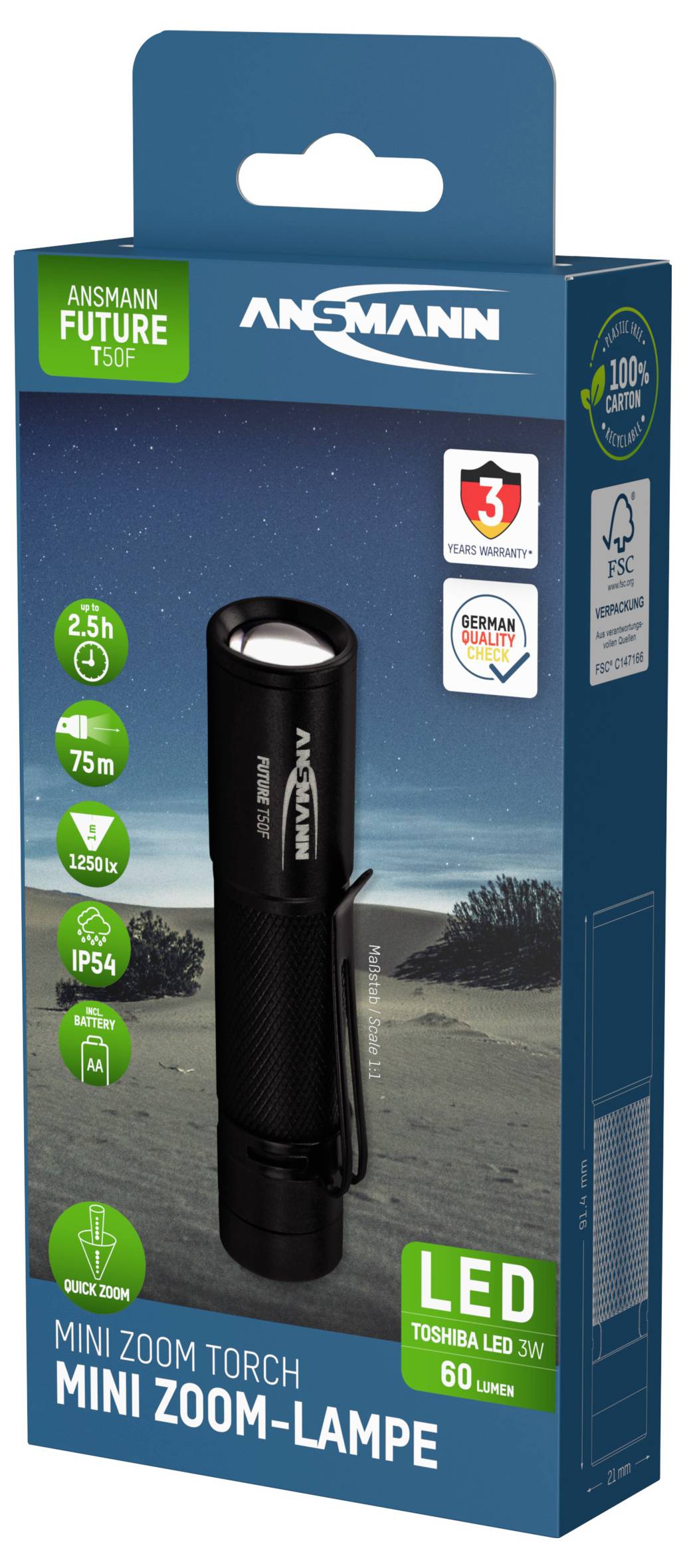 Verpackung einer kompakt gefertigten LED-Taschenlampe von Ansmann mit 60 Lumen, 75 m Reichweite und einer Betriebszeit von 2,5 Stunden. IP54-zertifiziert.