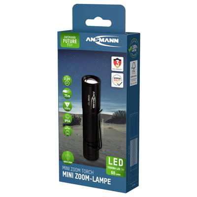 Verpackung einer kompakt gefertigten LED-Taschenlampe von Ansmann mit 60 Lumen, 75 m Reichweite und einer Betriebszeit von 2,5 Stunden. IP54-zertifiziert.