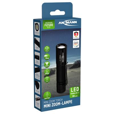 Verpackung einer Mini-Zoom-Lampe der Marke Ansmann. Details: 2,5 h Laufzeit, 1250 Lumen, IP54 Schutz, LED-Technologie.