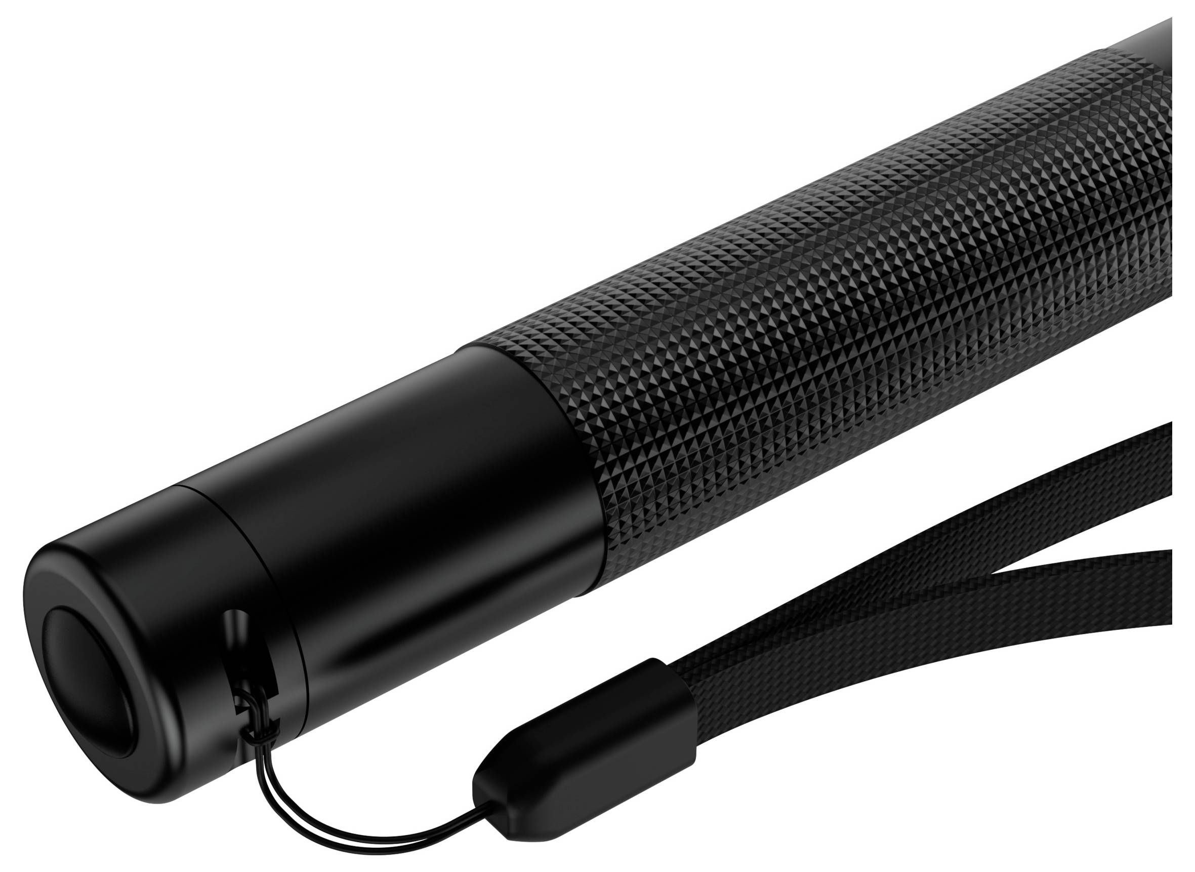 Schwarze Taschenlampe mit strukturierter Oberfläche und Handschlaufe, Ansicht von der Seite.