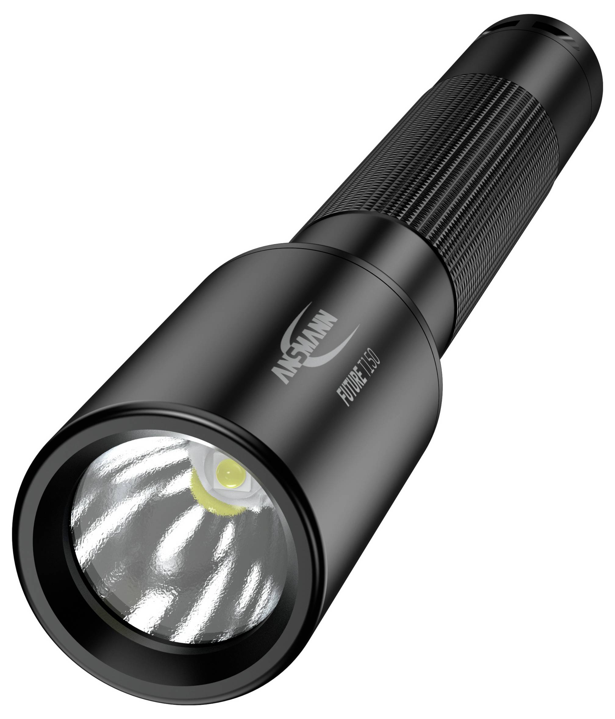 Eine schwarze Taschenlampe mit gerippter Griffoberfläche und leuchtstarker LED-Birne.