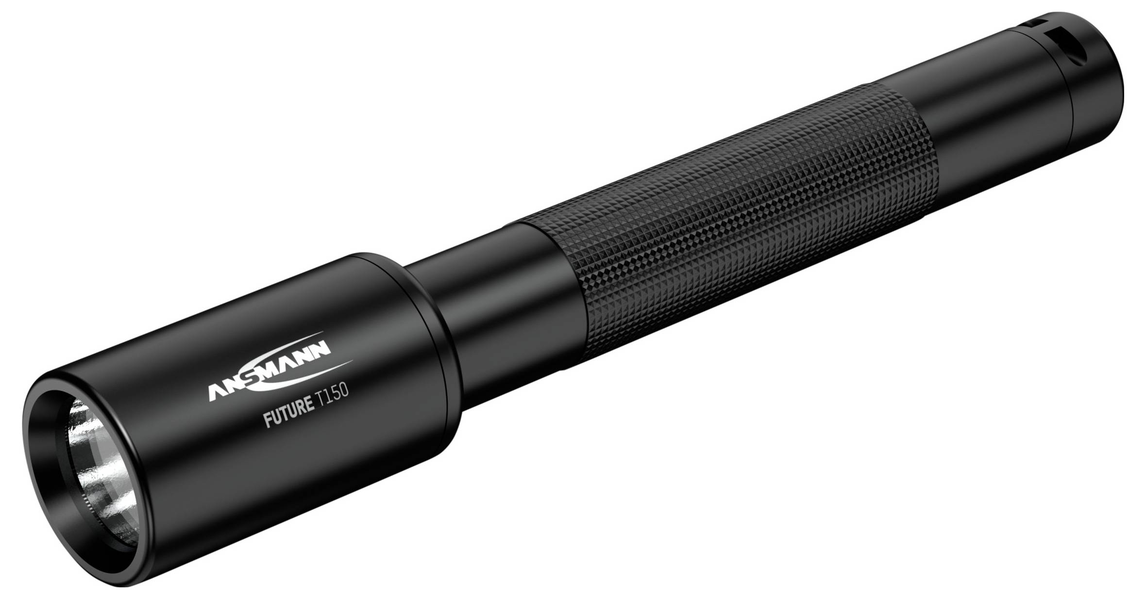 Schwarze Taschenlampe mit zylindrischem Metallgehäuse und geriffeltem Griff, Marke 'Ansmann Future T150'.