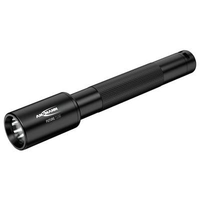 Schwarze Taschenlampe mit zylindrischem Metallgehäuse und geriffeltem Griff, Marke 'Ansmann Future T150'.