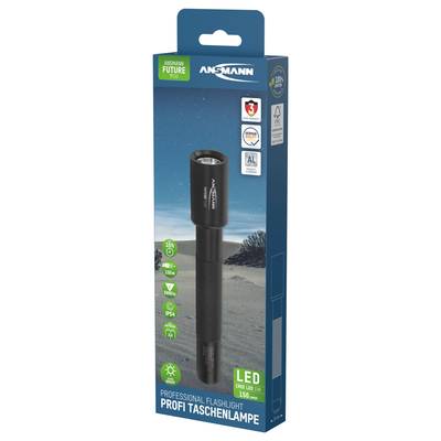 Schwarze LED-Taschenlampe in Verpackung mit blauen und grünen Designelementen. Text auf Englisch beschreibt Funktionen und Spezifikationen.