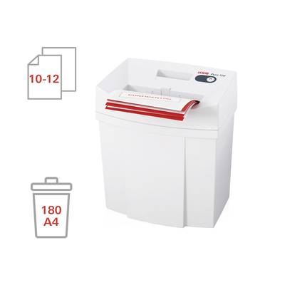 Ein weißer Aktenvernichter für 10-12 Blatt, mit einer rot markierten Klappe, füllt Papierschnipsel in einen Behälter für 180 A4-Seiten.