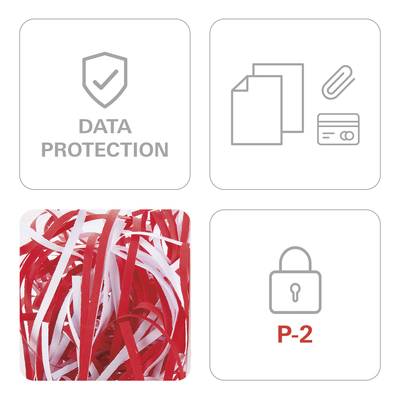'Plakate mit Datenschutzsymbolen, Papierschnipseln und Schlosssymbol mit der Stufe P-2, die verschiedene Sicherheitsstufen darstellen.'