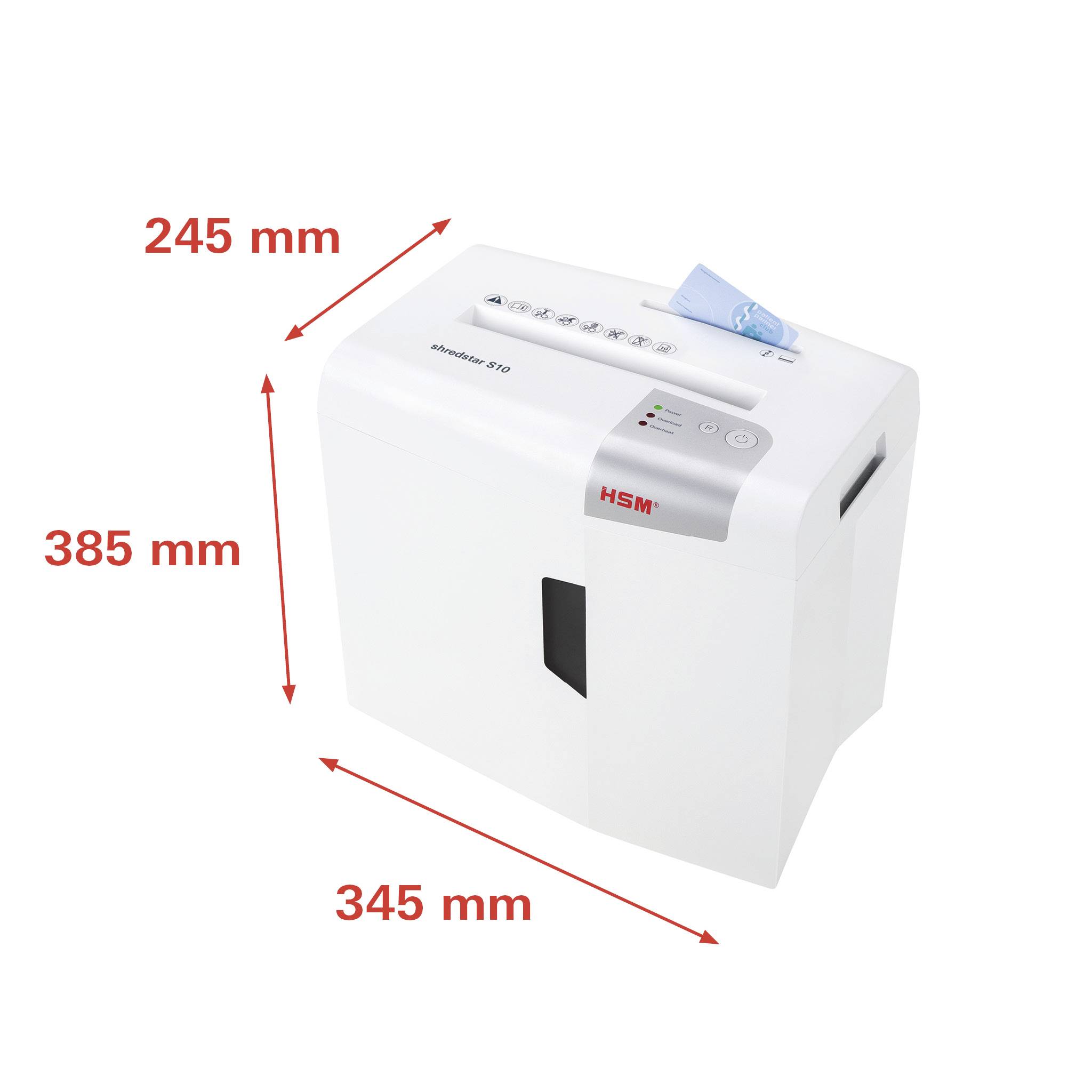 Ein weißer Aktenvernichter mit den Maßen: Höhe 385 mm, Breite 345 mm, Tiefe 245 mm, markiert. Markenname 'HSM' sichtbar.