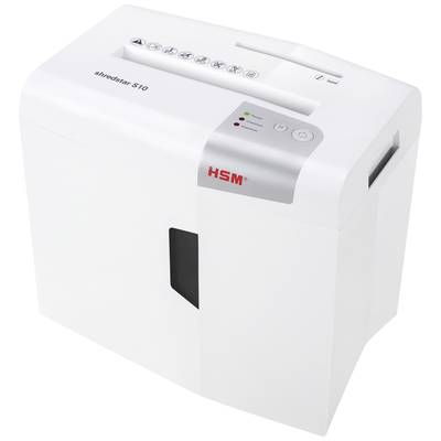 Ein weißer Aktenvernichter mit HSM-Logo, Modell Shredstar S10. Enthält Bedienelemente und Anzeigelampen für Betrieb und Papierstau.