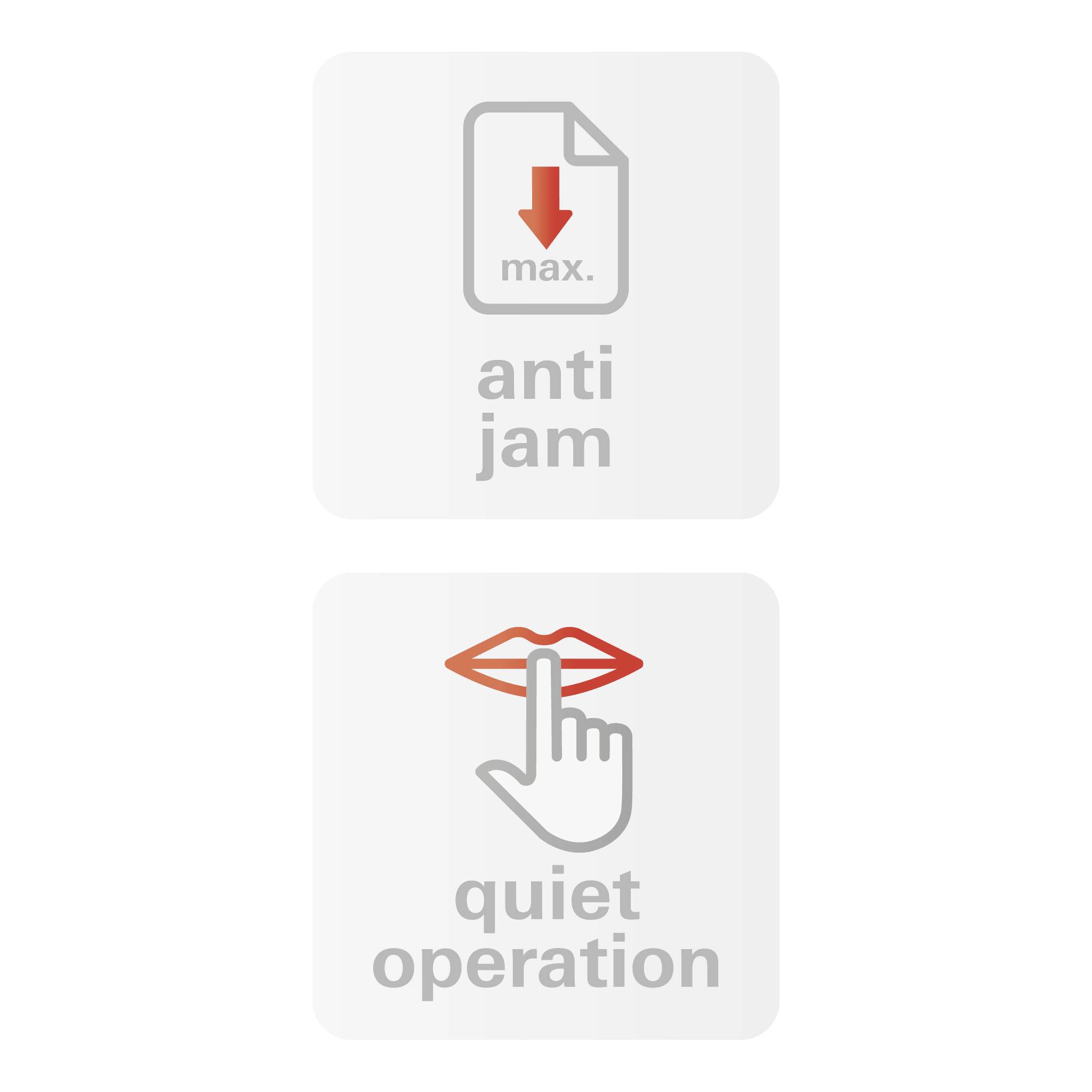 Bild eines 'Anti-Jam'-Symbols mit einem Dokument, das einen roten Abwärtspfeil zeigt. Darunter das 'Quiet Operation'-Symbol mit einem Finger vor Lippen.