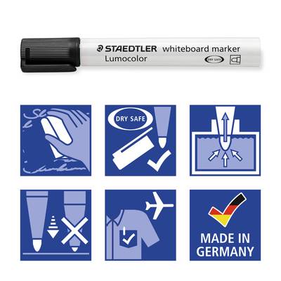 Ein weißer STAEDTLER Whiteboard-Marker mit schwarzer Kappe. Sechs Piktogramme zeigen Funktionen wie 'Dry Safe', 'Made in Germany'.