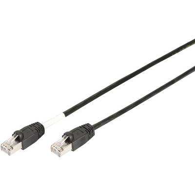 Ein schwarzes Ethernet-Kabel mit zwei RJ45-Steckern an den Enden, auf einem weißen Hintergrund.