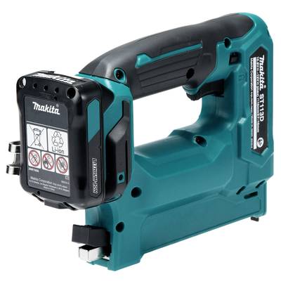 Elektrowerkzeug: Blau-schwarze Makita Akku-Tacker im Profilansicht, geeignet für Heimwerkerarbeiten, mit Batterie und Sicherheitswarnungen.