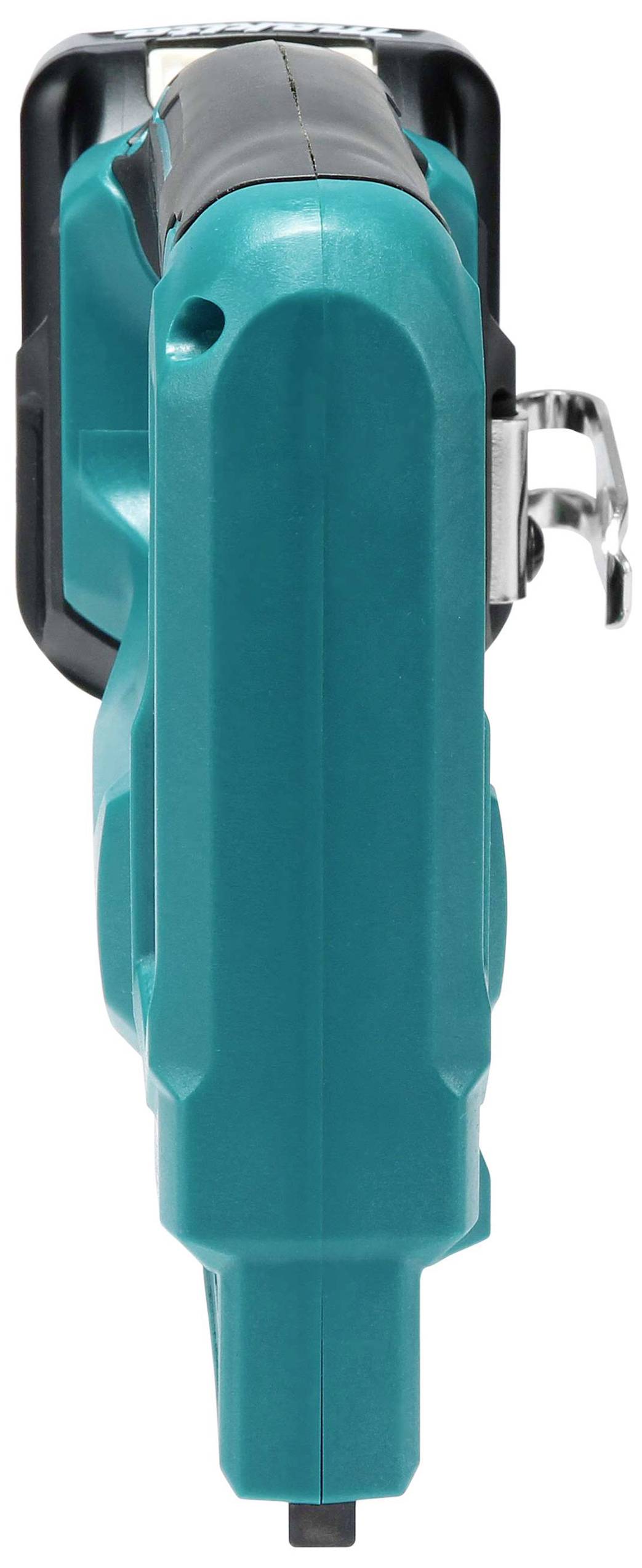 Blaue elektrische Stichsäge in Nahaufnahme, von der Vorderseite betrachtet, mit Fokus auf das Gehäuse und den Metallklingenschutz.