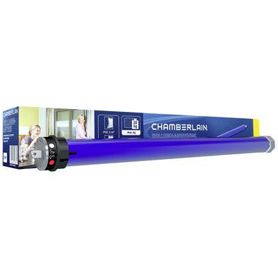 Eine blaue Rolladenmotor-Verpackung der Marke Chamberlain, zeigt ein Bild einer Frau am Fenster. Kapazität: Max. 20 kg.