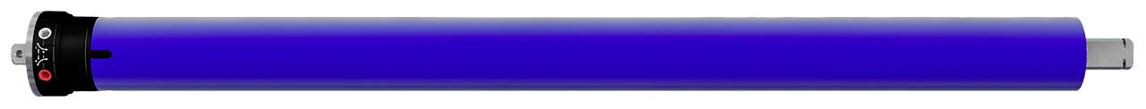 Elektronischer Rohrmotor in Blau mit schwarzer Endkappe und Metallwelle. An beiden Enden sind Steckverbinder vorhanden.