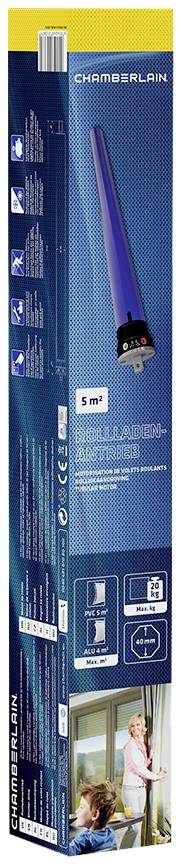 Verpackung eines Rolladenmotors von Chamberlain, geeignet für Rollläden bis 5 m². Abbildung zeigt Installationsschritte und technischen Details.