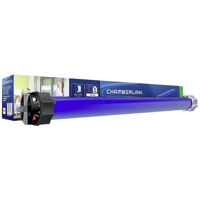 Verpackung eines blauen Rollladenmotors der Marke Chamberlain. Enthält Abbildungen und technische Details auf der Verpackung.