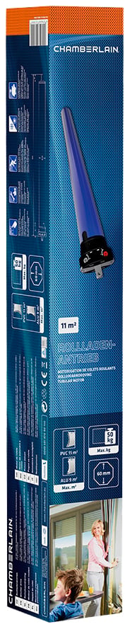 Verpackung für einen elektrischen Rollladenmotor von Chamberlain, geeignet für Rollläden bis 11 m². Bild eines lächelnden Paares vor einem Fenster.