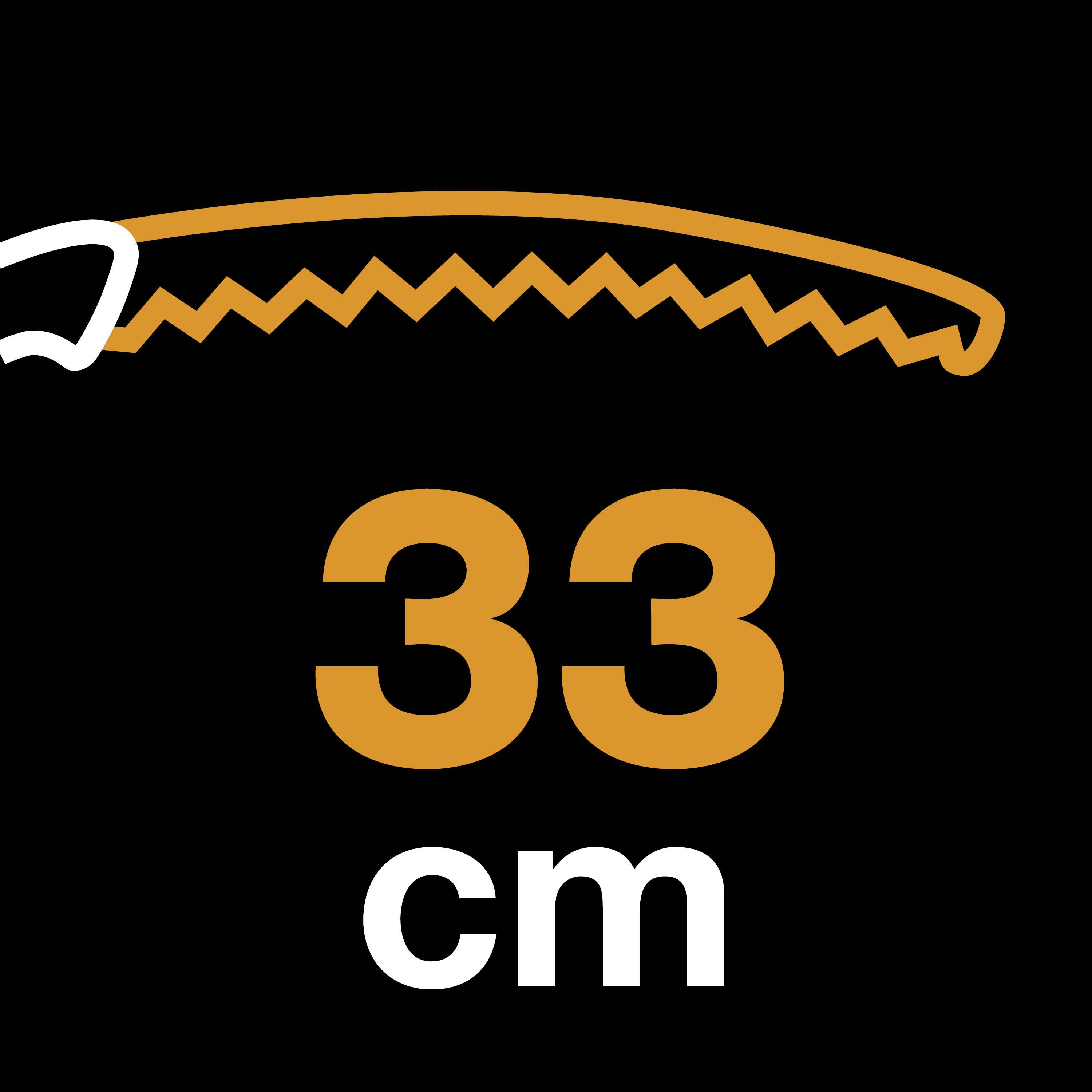 Eine orangefarbene Säge mit Zickzackkante wird horizontal dargestellt, darunter steht '33 cm' in großen Buchstaben.