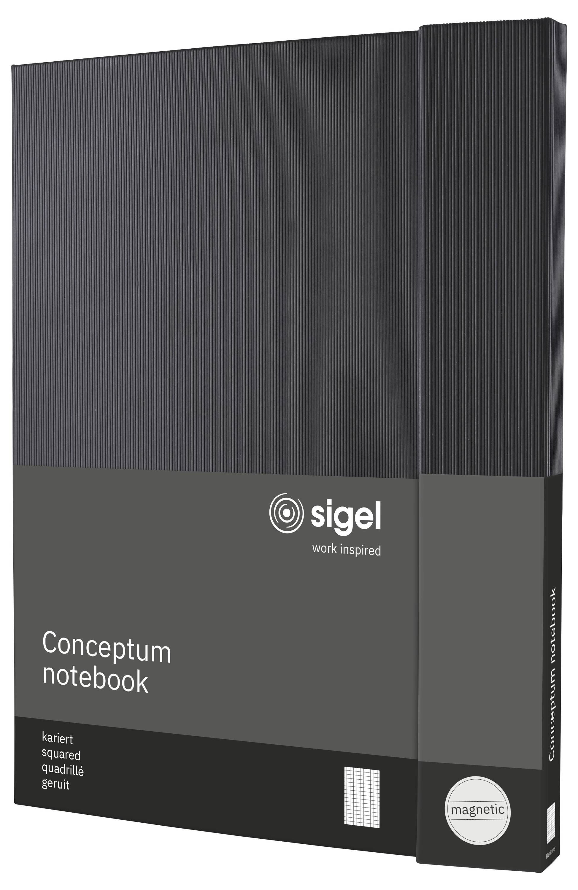 Produktverpackung für ein Sigel 'Conceptum Notizbuch' in Dunkelgrau, dargestellt als boxiertes Notizbuch mit Magnetverschluss und kariertem Papier-Notation.