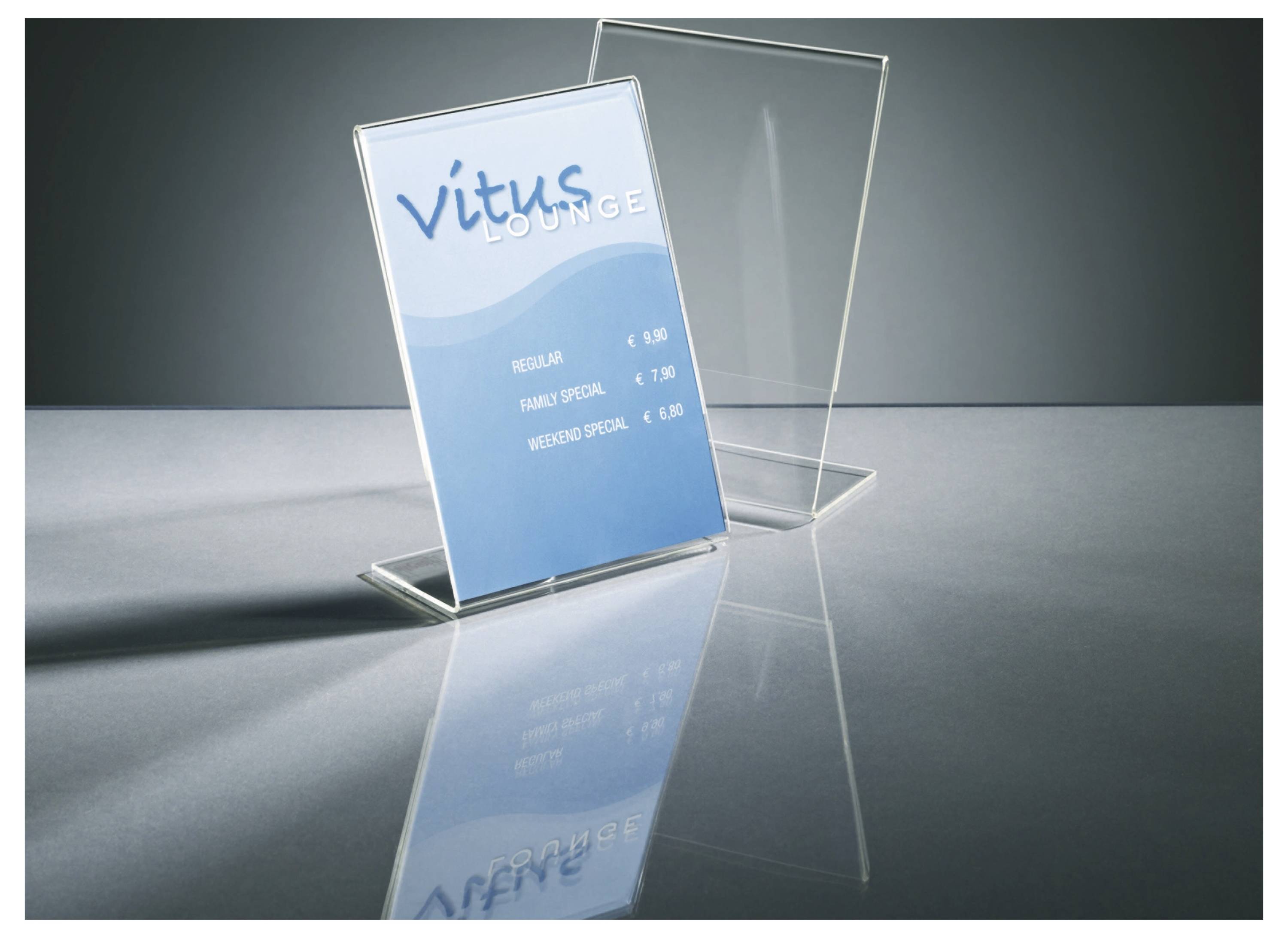 Ein transparenter Acryl-Tischplatten-Ausstellungshalter mit einer blauen "Vitus Lounge"-Preiskarte mit Menüspezialitäten und Preisen.