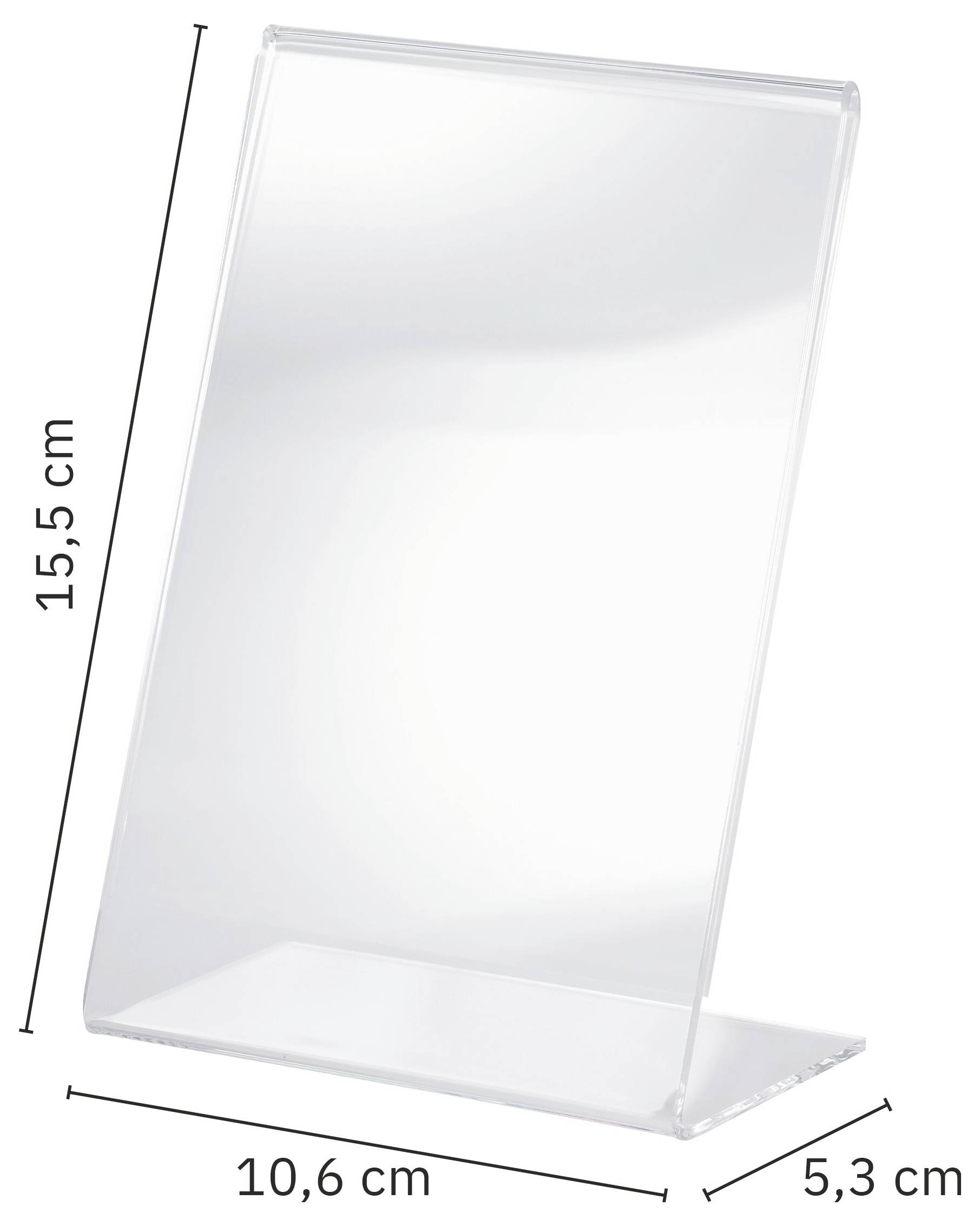 Klarer Acryl-Ausstellungsständer, gezeigt mit Abmessungen von 15,5 cm Höhe, 10,6 cm Breite und 5,3 cm Tiefe.
