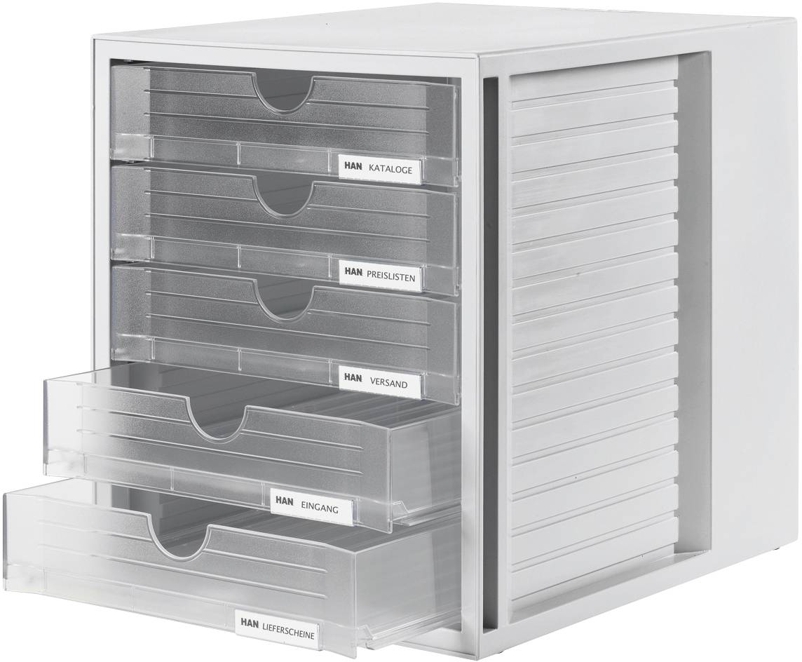 Grauer Ablageschrank mit sechs transparenten Schubladen, teilweise geöffnet. Jede Schublade ist mit Etiketten wie 'Kataloge' und 'Lieferscheine' beschriftet.