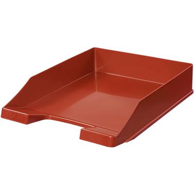 Ein rotes Ablagefach aus Kunststoff, schräg von der Seite betrachtet. Es ist leer und bietet Platz für Papierstapel oder Dokumente.
