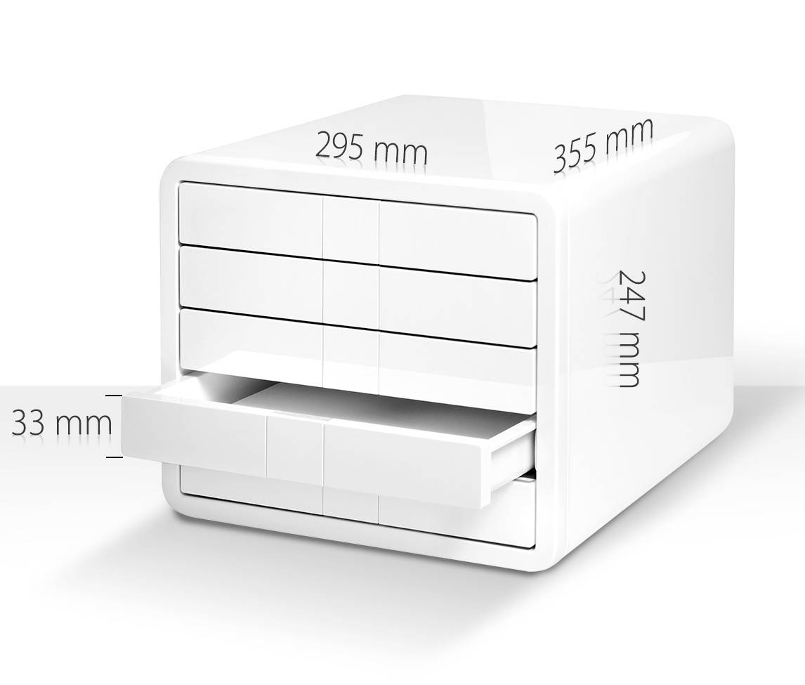 Weiße Schubladenbox mit drei Ebenen. Maße: Breite 295 mm, Höhe 247 mm, Tiefe 355 mm. Geöffnete Schublade zeigt Innenraum.