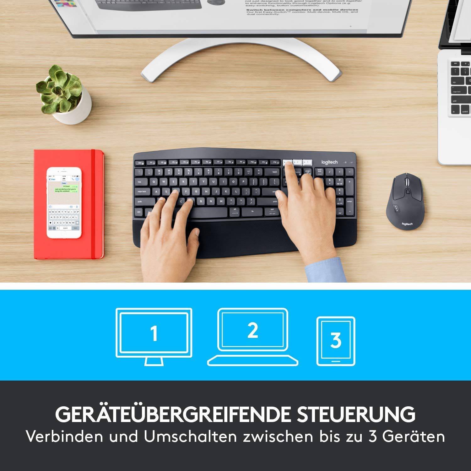 Person tippt auf einer schwarzen Tastatur neben einem Bildschirm und einer Maus. Text unten: 'Geräteübergreifende Steuerung'.