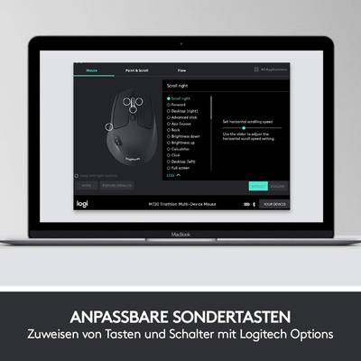 Laptopbildschirm zeigt Logitech Options-Software zur Anpassung der Maustasten. Überschrift unten: 'Anpassbare Sondertasten'.